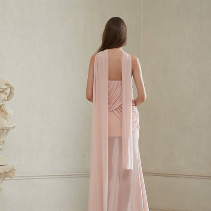Bella Maxi Dress in Pink mesh off-the-shoulder sweetheart neckline ruched detailing cinched waist mermaid hem underwire bra scarf design side zip fastening sleeveless timeless charm Terylene fiber