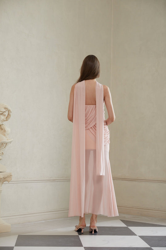 Bella Maxi Dress in Pink mesh off-the-shoulder sweetheart neckline ruched detailing cinched waist mermaid hem underwire bra scarf design side zip fastening sleeveless timeless charm Terylene fiber