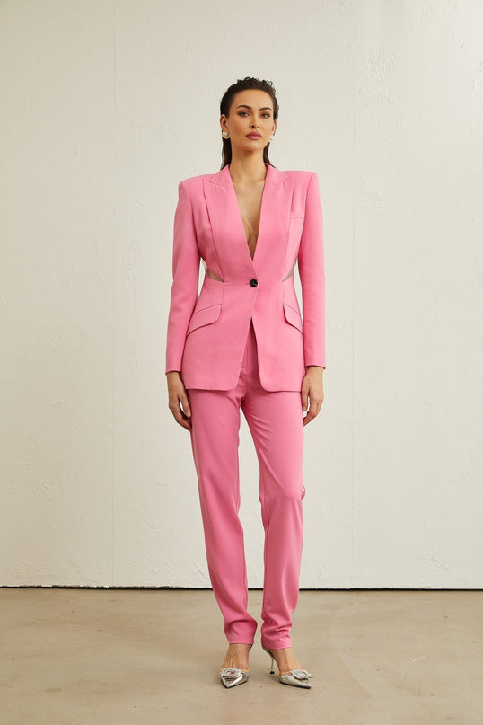 Bella Pink Mesh Cut Out Jacket and Trousers Set