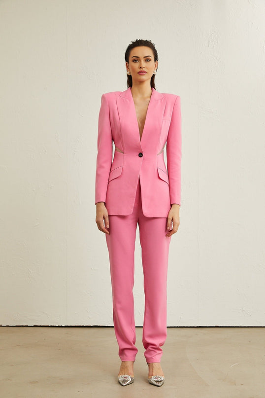 Bella Pink Mesh Cut Out Jacket and Trousers Set
