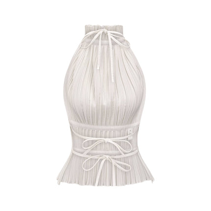 Bella White Pleated Open Back Top Terylene Fiber