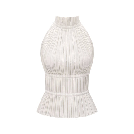 Bella White Pleated Open Back Top Terylene Fiber Elegant Sleeveless Crew Neck Spaghetti Detailing
