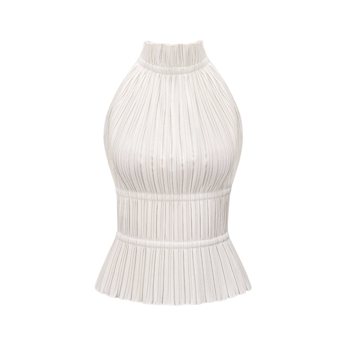 Bella White Pleated Open Back Top Terylene Fiber Elegant Sleeveless Crew Neck Spaghetti Detailing