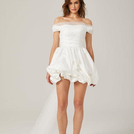 Bella White Satin Off-Shoulder Peplum Mini Dress with Ribbon Bow Detail