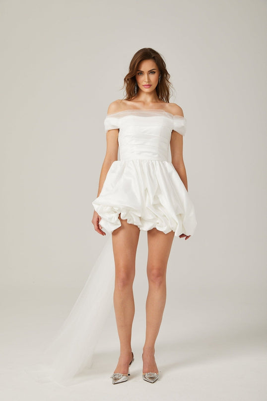 Bella White Satin Off-Shoulder Peplum Mini Dress with Ribbon Bow Detail