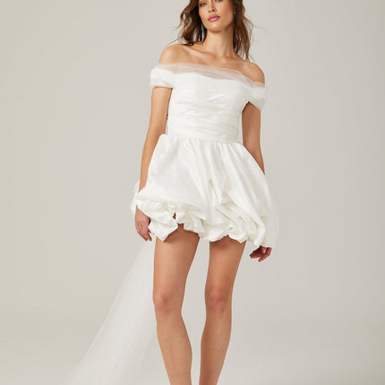 Bella White Satin Off-Shoulder Peplum Mini Dress with Ribbon Bow Detail