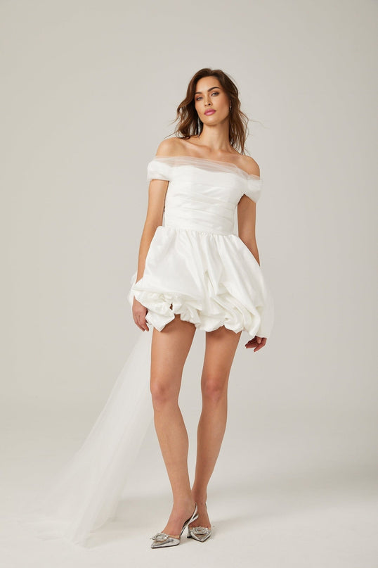 Bella White Satin Off-Shoulder Peplum Mini Dress with Ribbon Bow Detail