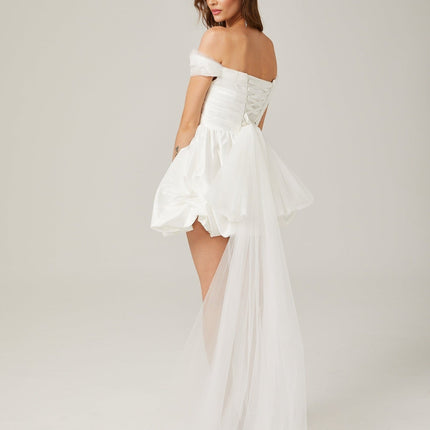 Bella White Satin Off-Shoulder Peplum Mini Dress with Ribbon Bow Detail