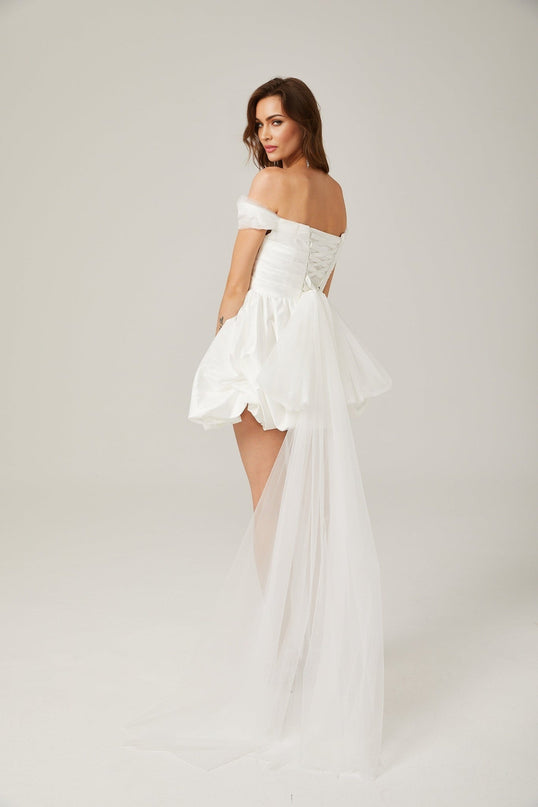 Bella White Satin Off-Shoulder Peplum Mini Dress with Ribbon Bow Detail
