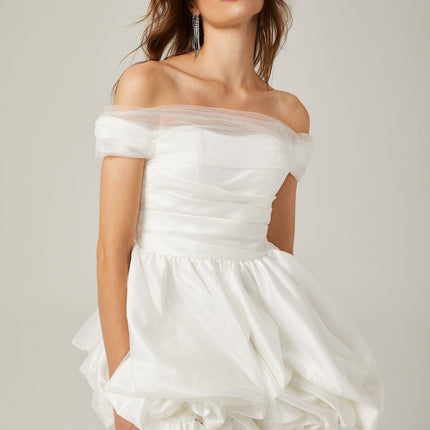 Bella White Satin Off-Shoulder Peplum Mini Dress with Ribbon Bow Detail