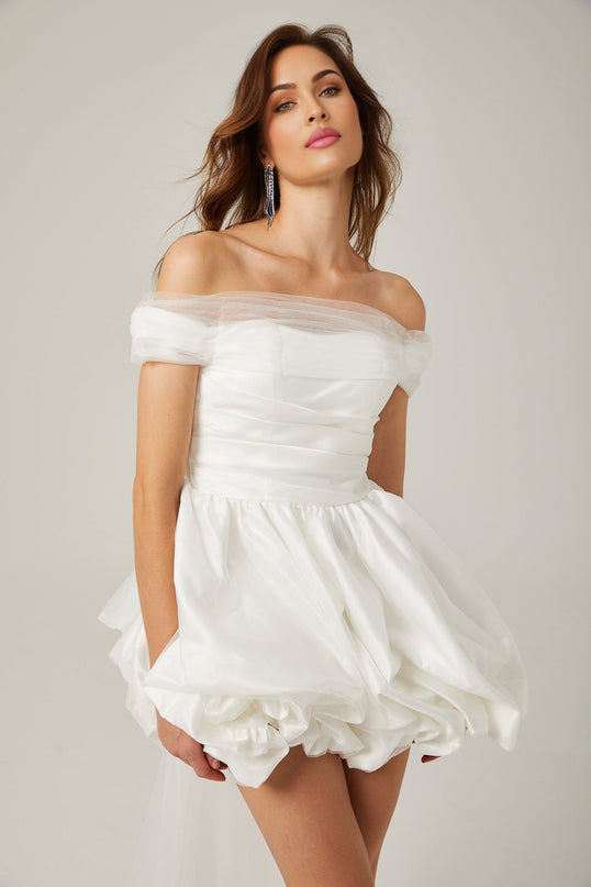 Bella White Satin Off-Shoulder Peplum Mini Dress with Ribbon Bow Detail