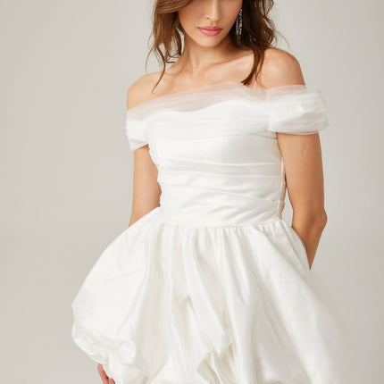 Bella White Satin Off-Shoulder Peplum Mini Dress with Ribbon Bow Detail