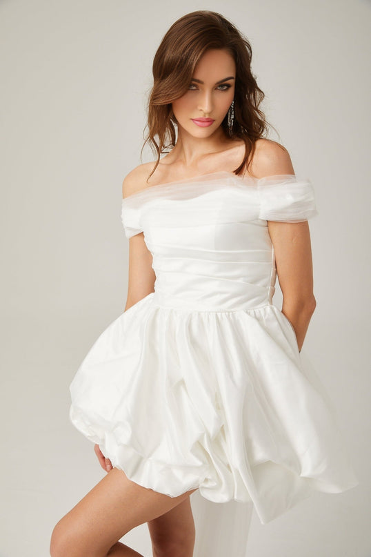 Bella White Satin Off-Shoulder Peplum Mini Dress with Ribbon Bow Detail