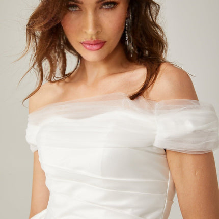 Bella White Satin Peplum Mini Dress with Ribbon Bow Detail