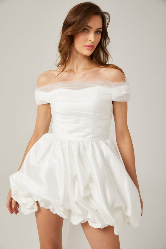Bella White Satin Peplum Mini Dress with Ribbon Bow Detail