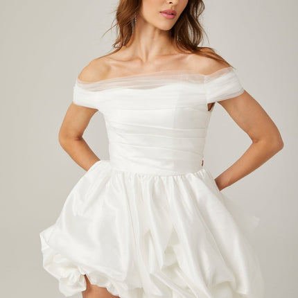 Bella White Satin Peplum Mini Dress with Ribbon Bow Detail