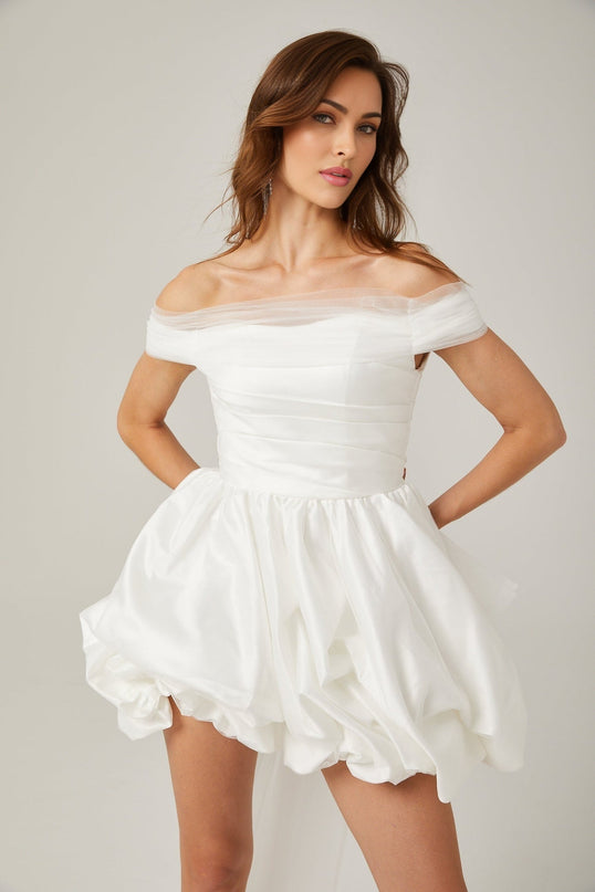 Bella White Satin Peplum Mini Dress with Ribbon Bow Detail