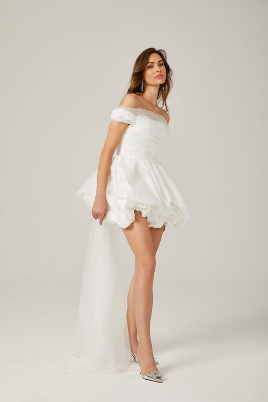 Bella White Satin Peplum Mini Dress with Ribbon Bow Detail