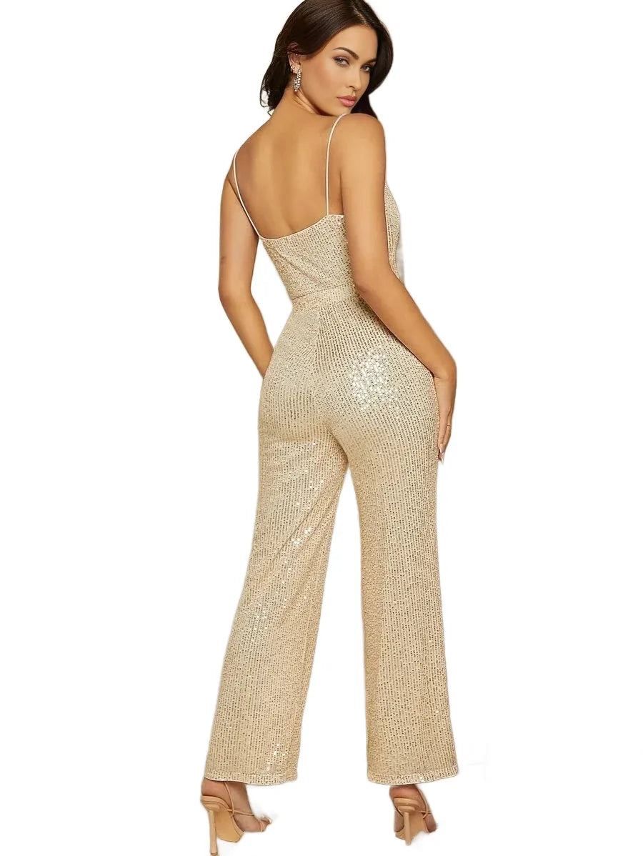 Belle Draped Collar Sequin Cami Elegant Sleeveless Sparkly Year Eve Jumpsuit For Wedding Guest