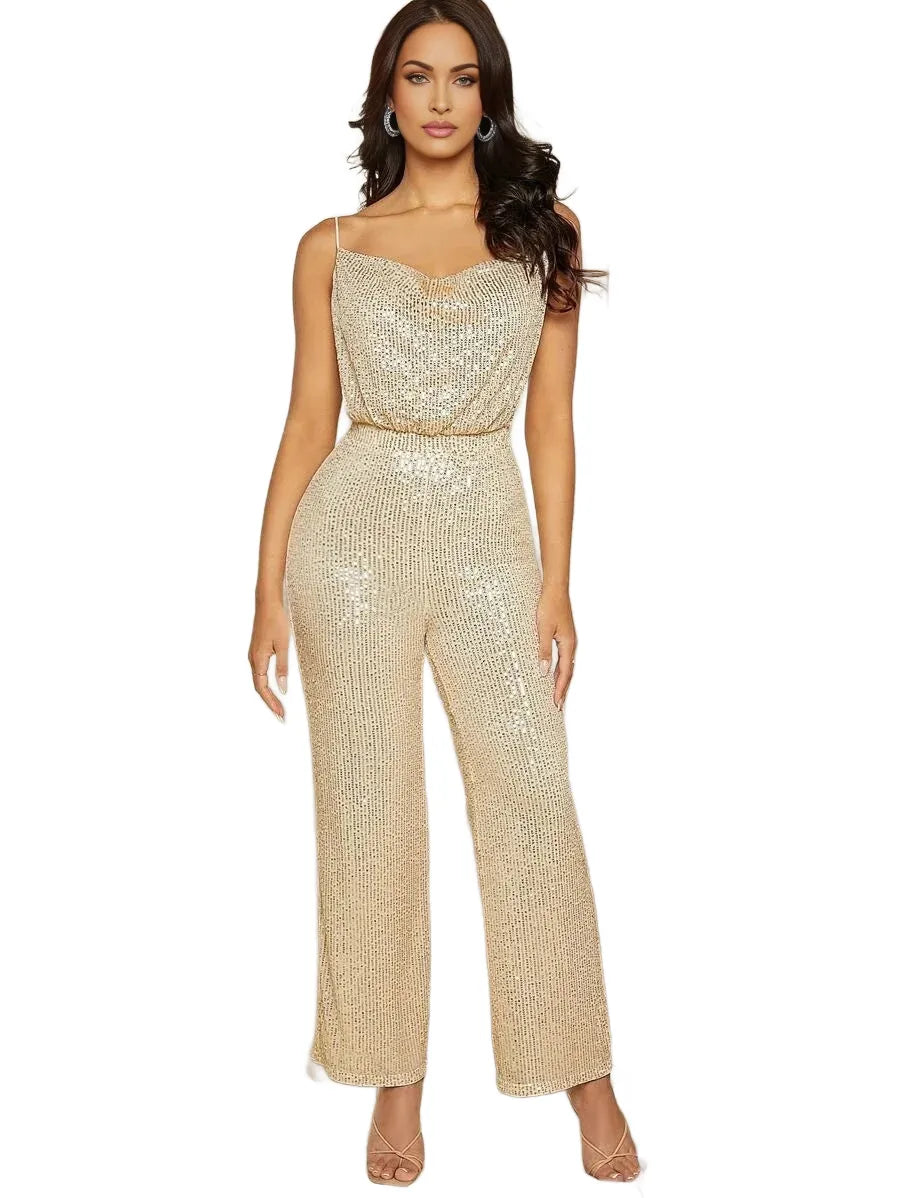 Belle Draped Collar Sequin Cami Elegant Sleeveless Sparkly Year Eve Jumpsuit For Wedding Guest