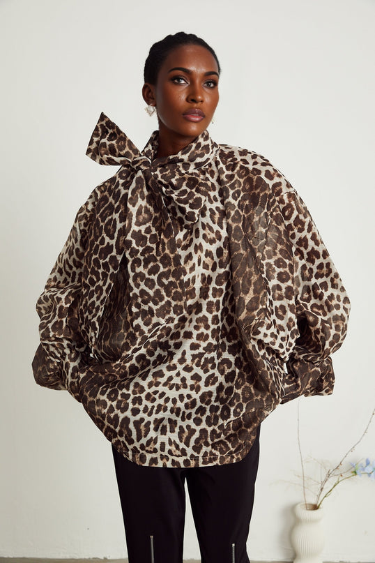Belle leopardprint oversizesleeved blouse