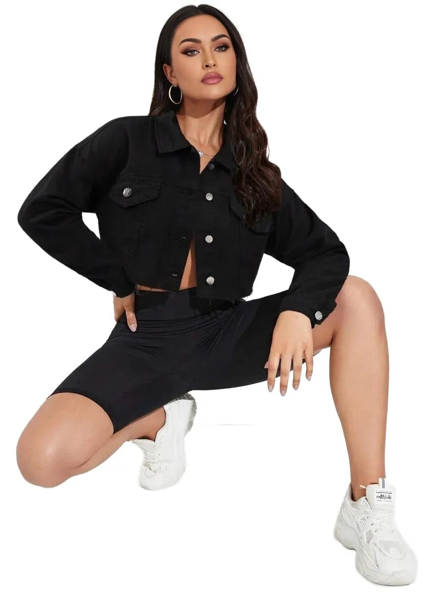 Benedetta Cropped Denim Jacket with Frayed Hem in Black - Black