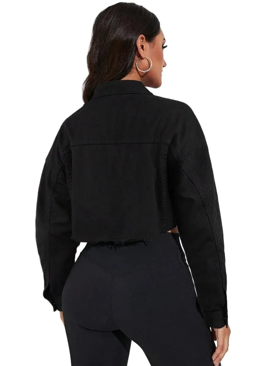 Benedetta Cropped Denim Jacket with Frayed Hem in Black - Black