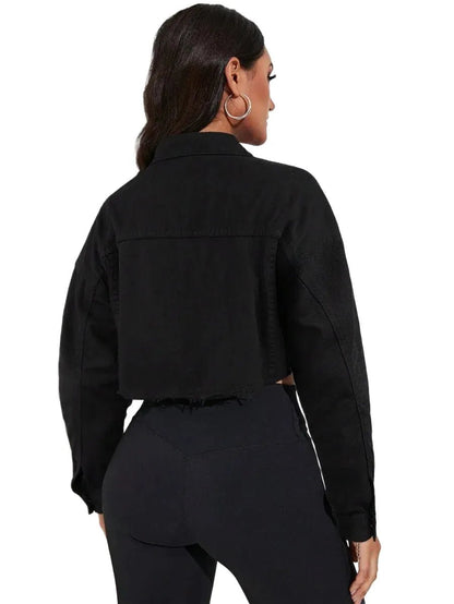 Benedetta Cropped Denim Jacket with Frayed Hem in Black - Black