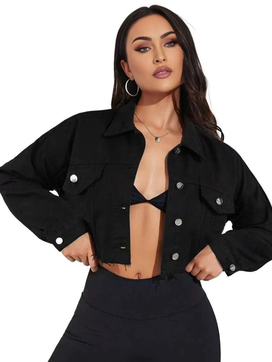Benedetta Cropped Denim Jacket with Frayed Hem in Black - Black