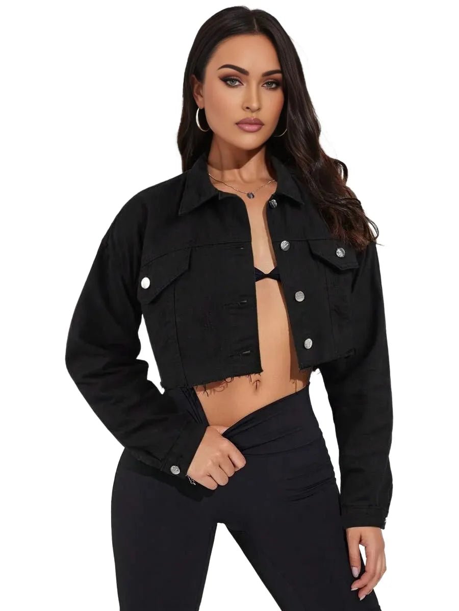 Benedetta Cropped Denim Jacket with Frayed Hem in Black - Black