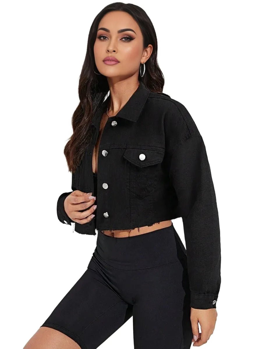 Benedetta Cropped Denim Jacket with Frayed Hem in Black - Black