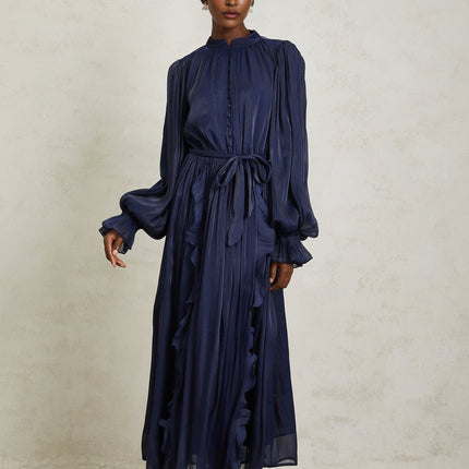 Benedetta Maxi Dress Blue Ribbon Tie-Neck Puff Sleeves Ruffled Trim