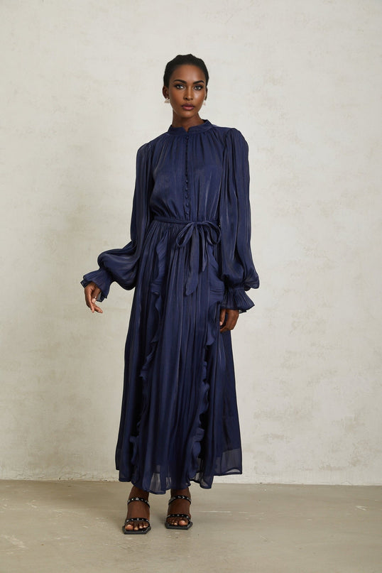 Benedetta Maxi Dress Blue Ribbon Tie-Neck Puff Sleeves Ruffled Trim