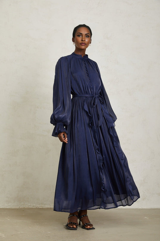 Benedetta Maxi Dress in Dark Blue with Ribbon Tie-Neck and Puff Sleeves