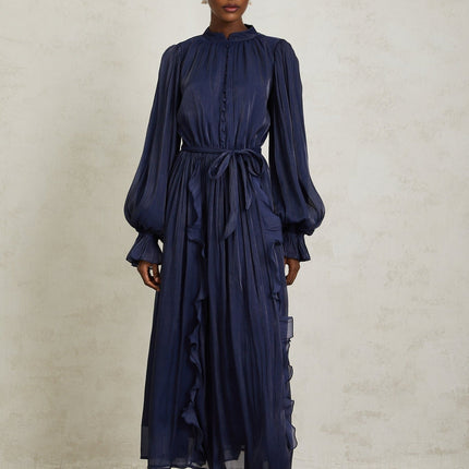Benedetta Maxi Dress in Dark Blue with Ribbon Tie-Neck and Puff Sleeves