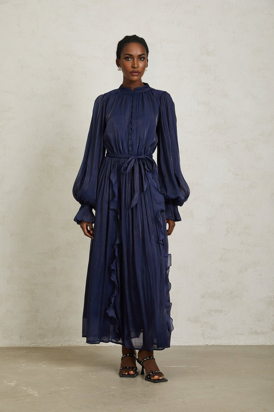 Benedetta Maxi Dress in Dark Blue with Ribbon Tie-Neck and Puff Sleeves