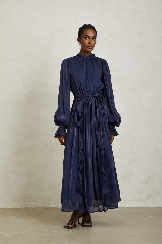 Benedetta Maxi Dress in Dark Blue with Ribbon Tie-Neck and Puff Sleeves