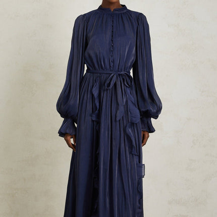 Benedetta Maxi Dress in Dark Blue with Ribbon Tie-Neck and Puff Sleeves