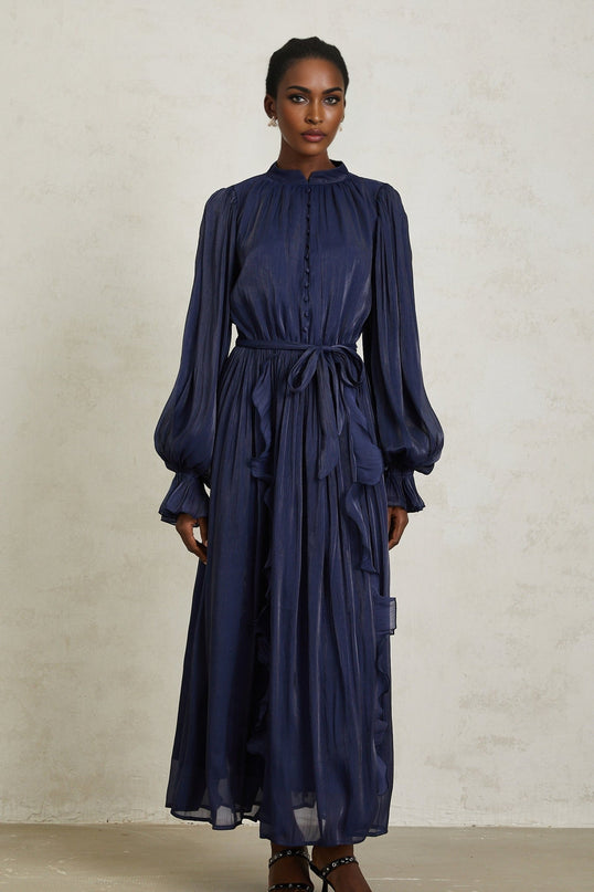 Benedetta Maxi Dress in Dark Blue with Ribbon Tie-Neck and Puff Sleeves