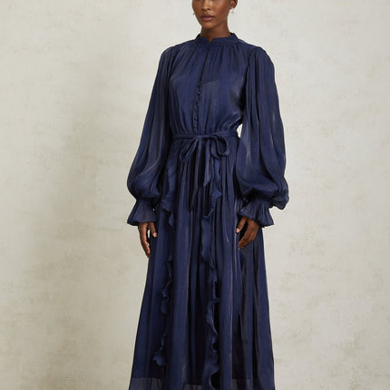 Benedetta Maxi Dress Dark Blue Ribbon Tie-Neck Puff Sleeves Ruffled Trim Pleated