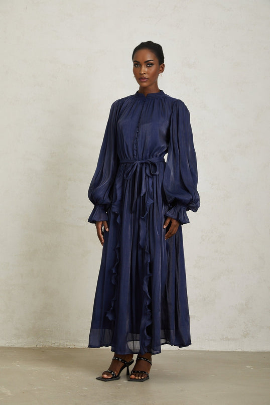Benedetta Maxi Dress Dark Blue Ribbon Tie-Neck Puff Sleeves Ruffled Trim Pleated