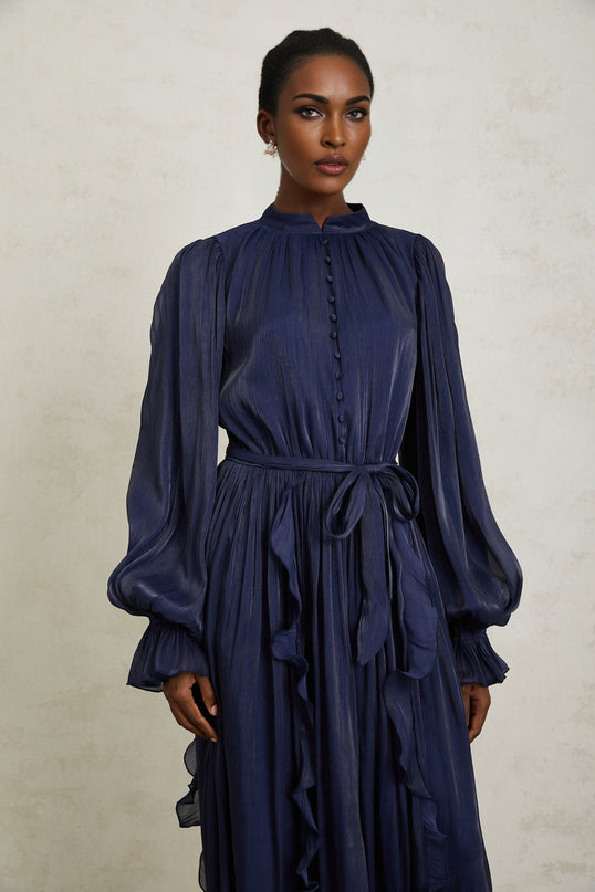 Benedetta Maxi Dress in Dark Blue with Ribbon Tie-Neck and Puff Sleeves