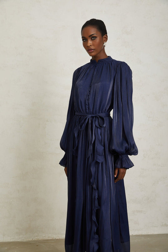 Benedetta Maxi Dress in Dark Blue with Ribbon Tie-Neck and Puff Sleeves