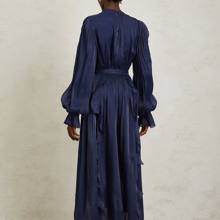 Benedetta Maxi Dress Dark Blue Ribbon Tie-Neck Puff Sleeves Ruffled Trim Glossy Finish Fully-Pleated Tied Waist Maxi Length Rear Zip Fastening Terylene Fiber