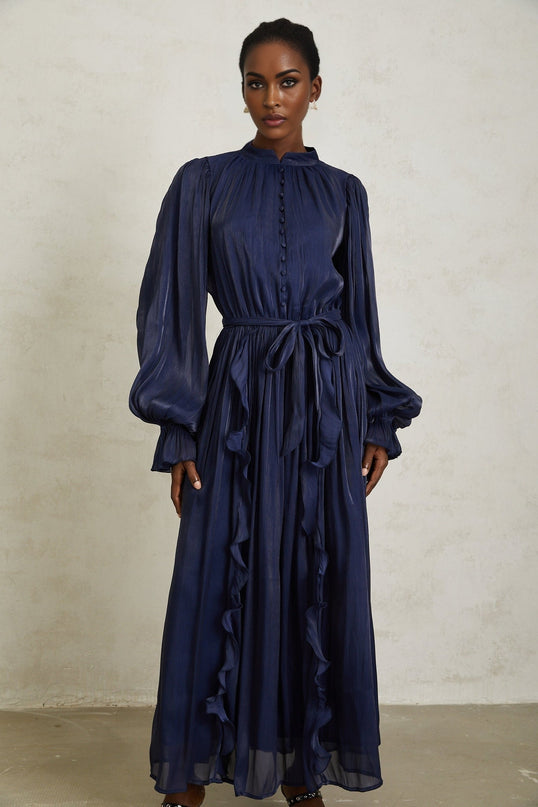 Benedetta Maxi Dress in Dark Blue with Ribbon Tie-Neck and Puff Sleeves