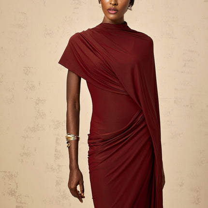 Benedetta Red Cape and Dress Set in Luxurious Terylene and Elastane Blend