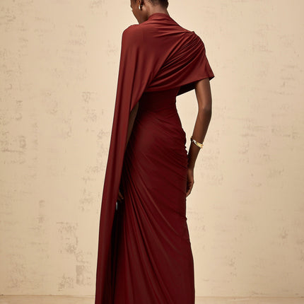Benedetta Red Cape Dress Set Elegance Sophistication Asymmetrical Silhouette Gathered Detailing Stretch Fabric Mock Neck Round Neck Sleeveless Fitted Maxi Length Luxurious Blend Terylene Elastane Modern Luxury Refined Style