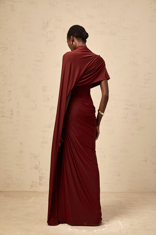 Benedetta Red Cape Dress Set Elegance Sophistication Asymmetrical Silhouette Gathered Detailing Stretch Fabric Mock Neck Round Neck Sleeveless Fitted Maxi Length Luxurious Blend Terylene Elastane Modern Luxury Refined Style