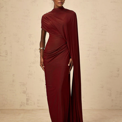 Benedetta Red Cape Dress Set in Luxurious Terylene Fiber Elastane Blend