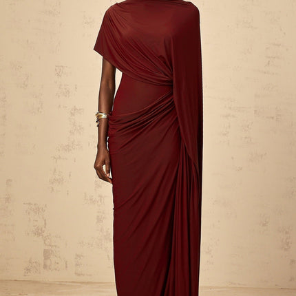 Benedetta Red Cape Dress Set Elegant Sophisticated Asymmetrical Silhouette Stretch Fabric Luxury Style
